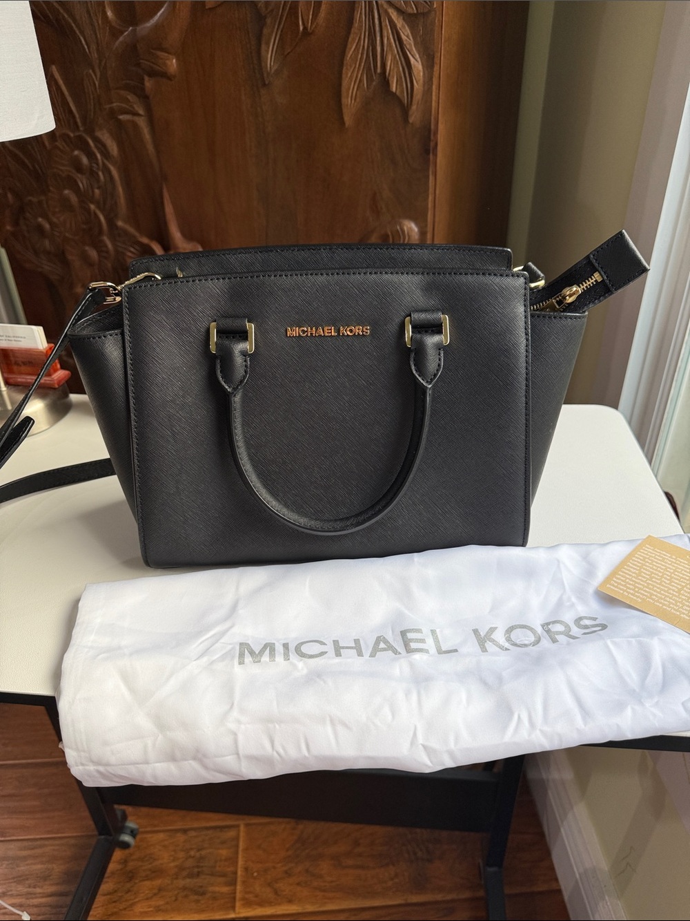 Michael Kors Black Saffiano Satchel with Gold Hardware